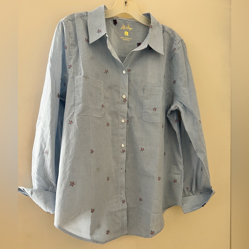 Lilly Pulitzer Seaview Button Down Blue Striped Shirt with Star Accents